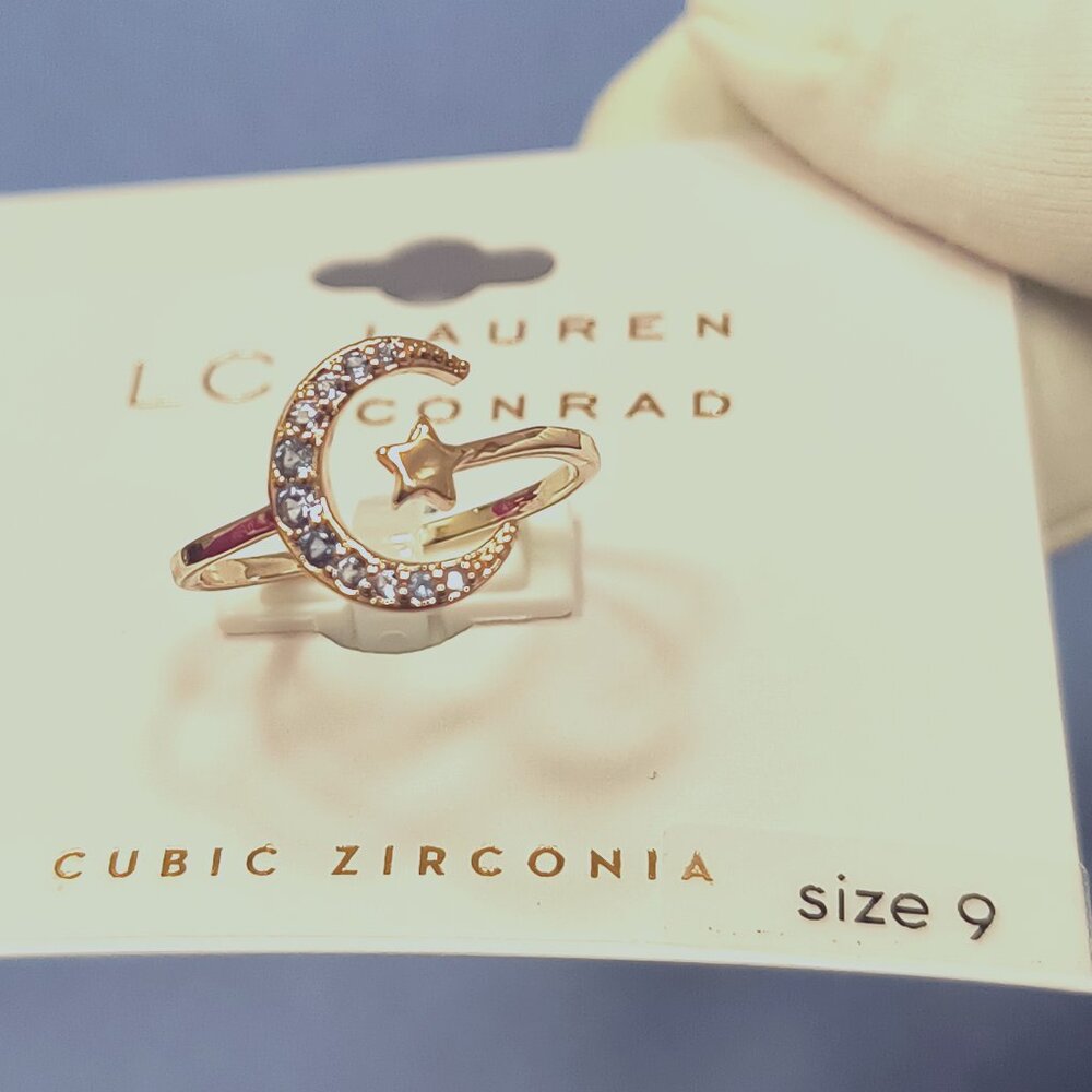 LC Lauren Conrad  Moon & Star Ring Size 9 Rose Gold Cubic Zirconia Pave